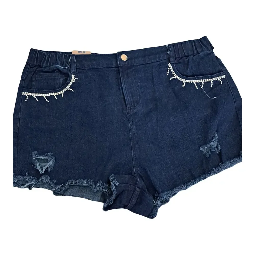 Jolie & Joy By FCT Distressed Denim Shorts NWT Frayed Rhinestone Accent Size 2X